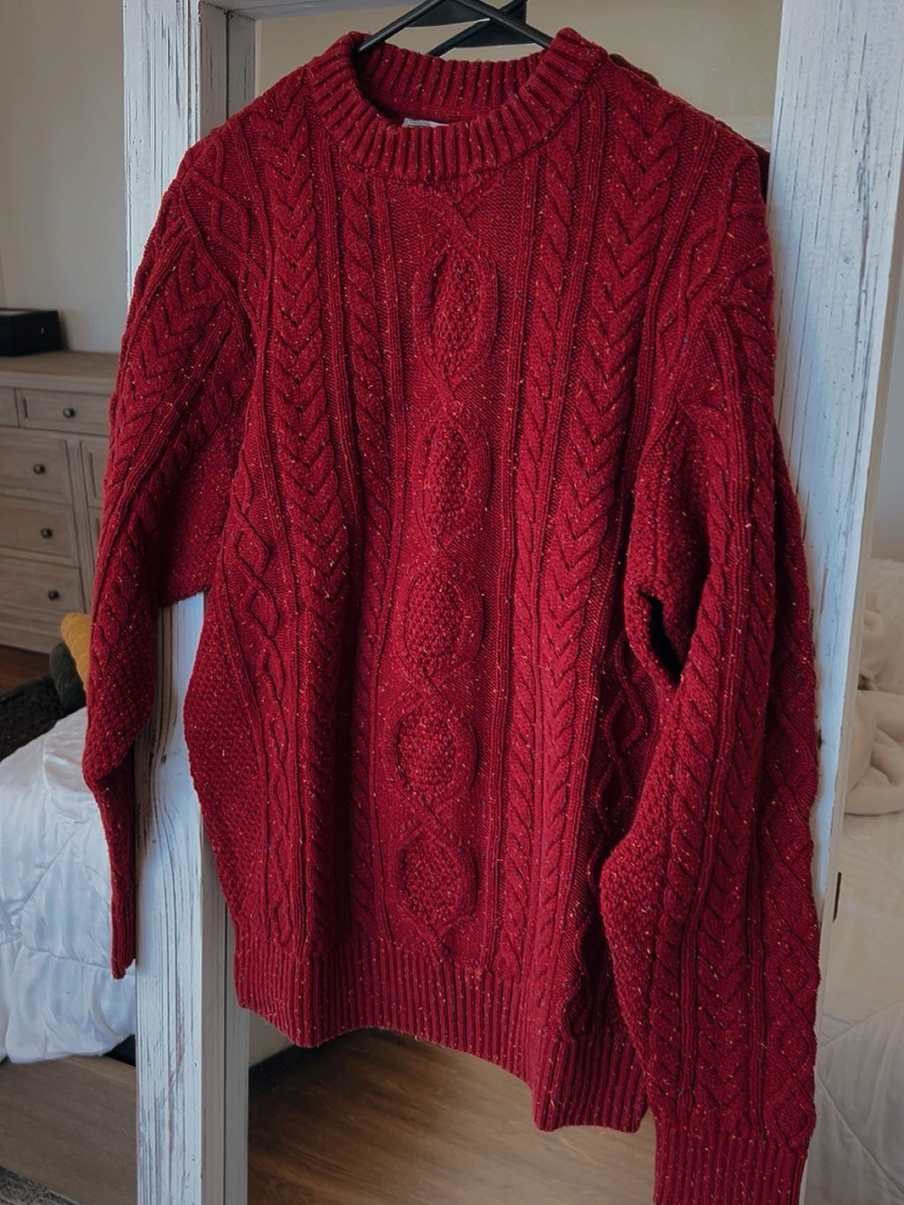 L.L. Bean Men's Red Cable Crewneck Sweater - Picture 2 of 5